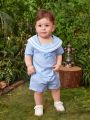 Baby Boy Striped Sailor Collar Bow Front Top & Shorts