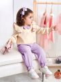 SHEIN Baby Girls' Leisure Cute Bowknot & Flouncing Detail Long Sleeve Sweatshirt And Long Pants Set