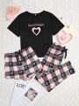 Heart & Slogan Printed Short Sleeve T-Shirt And Bowknot Decorated Shorts& Pants Pajama Set For Girls