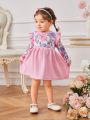 SHEIN Infant Girls' Casual & Elegant Flower Print Patchwork Dress With Ruffled Hem