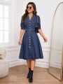 SHEIN Privé Ladies Button Placket Suit Collar Denim Dress