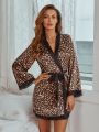 Cheetah Print Contrast Lace Belted Night Robe