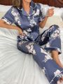 Imitation Silk Floral Print Pajama Set With Lapel Collar