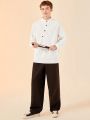 SHEIN Male Teenagers Casual Loose Solid Color Diagonal Placket Stand Collar Antique Hanfu Shirt