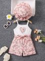 SHEIN Kids CHARMNG Little Girls' Floral Printed Belted Romper With Suspender & Hat Set