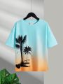 SHEIN Tween Boys' Coconut Tree & Beach Print Round Neck Pullover Knit T-Shirt For Vacation