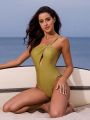 Ladies Monochrome Asymmetric Neck Hollow Out One-Piece Swimsuit