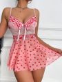 Women's Sexy Mesh Lingerie Dress With Heart Pattern Print And Thong Underwear