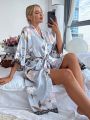 Floral Print Drop Shoulder Contrast Eyelash Lace Belted Satin Sleep Robe