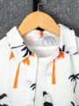 SHEIN 3pcs/Set Toddler Boys' Casual Coconut Tree Patterned Short Sleeve Shirt, Solid Color Shorts And Hat Summer Outfits