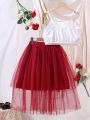 Teenage Girls' Romantic Rose Embroidery Design Cami Top And Fluffy Mesh Layered Skirt Outfit