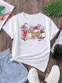 Pink Floral And Drink Print Short Sleeve Tee