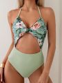 Women's Floral & Botanical Printed Halter One-Piece Swimsuit