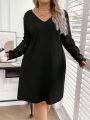 SHEIN LUNE Women's Plus Size Patchwork Lace V Neck Back Button Detail Dress