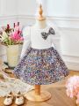 SHEIN Elegant Knitted Patchwork Dress With Butterfly Decoration And Bubble Sleeves For Baby Girls