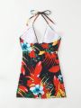 SHEIN Swim Vcay Women's Tropical Print Hollow Out Halterneck One-Piece Swimsuit