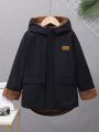 SHEIN Tween Boy Letter Patched Detail Teddy Lined Hooded Coat