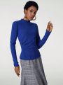 blue chic Mock Neck Rib-Knit Tee