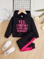 SHEIN Kids Nujoom Young Girl Slogan Graphic Hoodie & Contrast Side Seam Sweatpants