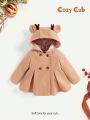 Cozy Cub Baby Girl Double Breasted 3D Ear Design Raglan Sleeve Hooded Overcoat