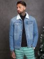 SHEIN Men Borg Collar Flap Pocket Denim Jacket