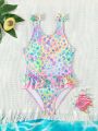 Young Girl Printed One-Piece Swimsuit With Ruffle Trim