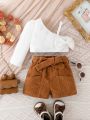 Baby Girls' Asymmetrical Collar With Bowknot Decor Top And Shorts With Belt Set