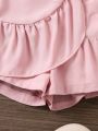 SHEIN Kids Academe Girls' Skort With Ruffle Hem And Pink Shorts