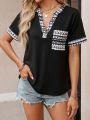 Women's Printed Spliced Notched Neck T-Shirt