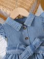 Baby Girls' Cute Flutter Sleeve Belted Denim Dress