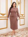 SHEIN Modely Plus Size Diamond Decorated Long Sleeve Dress