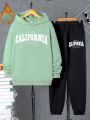 SHEIN Teen Boys' Casual & Comfortable Hoodie And Sweatpants Set With Slogan Print & Fleece Lining