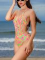 SHEIN Swim Mod Women'S One-Piece Swimsuit With Hollow Out Waist And Fluid Print Design