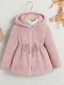 SHEIN Kids Cooltwn Toddler Girls' Casual Loose Solid Color Hooded Fleece Jacket For Fall/winter