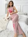 Women'S Lip & Letter Embroidered Ribbed Knit Homewear Set