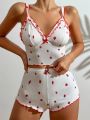 Women's Strawberry Print V-neck Cami Top And Shorts Pajama Set