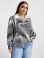 SHEIN Essnce Women's Plus Size Striped Collar Splicing Half Zipper Semi-open-neck T-shirt