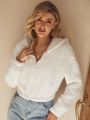 SHEIN Frenchy Drop Shoulder Drawstring Hooded Crop Teddy Jacket