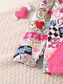 Young Girl Letter & Cartoon Graphic Hooded Jacket & Sweatpants