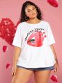 SHEIN CURVE+ Women's Plus Size Round Neck White Printed T-shirt