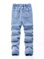 SHEIN Teen Boys' Casual Mid-Rise Slim Fit Printed Jeans With Elastic Waist