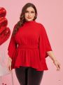 SHEIN Clasi Red Stand Collar Waist Loose Cuffs Plus Size Shirt