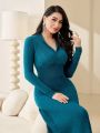 SHEIN Modely Ladies' Solid V-neck Knitted Sweater Dress