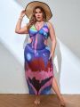 SHEIN Swim Y2GLAM Plus Size Women'S Printed Cut-Out Waist Kaftan Dress