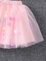 SHEIN Kids QTFun Little Girls' Cartoon Print 3d Flower Decor Top & Mesh Skirt Set With Pom-Poms