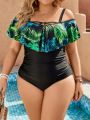 SHEIN Swim Classy Plus Size Tropical Printed Splicing Off Shoulder One Piece Swimsuit