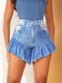 KUNSHENG Ruffle Hem Denim Skort