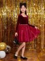 SHEIN Kids KDOMO Tween Girl Square Neck Velvet Dress Without Belt