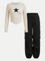 SHEIN Teenage Girls' Star Pattern T-shirt And Cargo Pants 2pcs Outfit Set