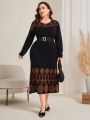 SHEIN Modely Plus Size Geometric Pattern Round Neck Sweater Dress Without Belt